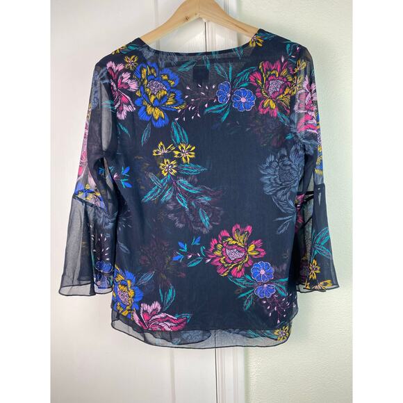 CAbi Olivia Women's S Blue Floral Chiffon 3/4 Bell Sleeve Semi-Sheer Boho Blouse - Picture 6 of 7